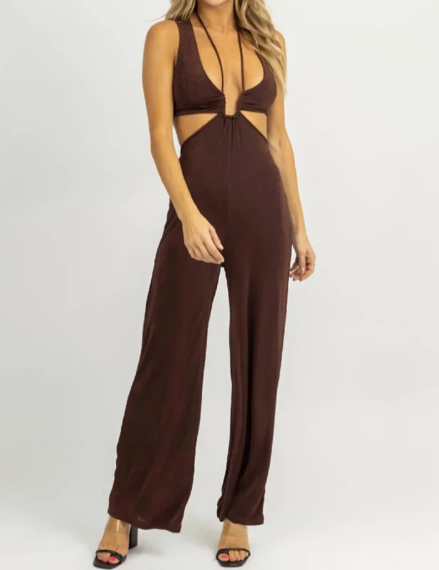 Exclusive Preview Halter Tie Sleeveless Jumpsuit In Chocolate