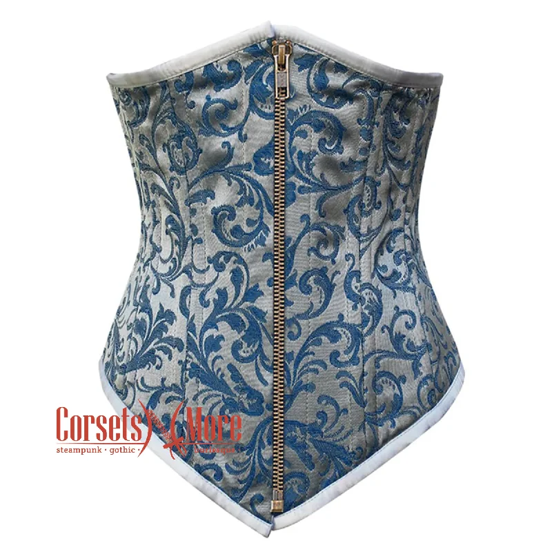 Baby Blue Brocade With Antique Zipper Gothic Long Underbust Waist Training Double Bone Corset