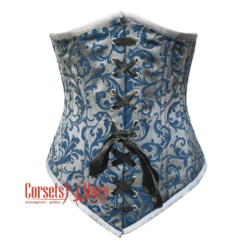 Baby Blue Brocade With Front Lace Gothic Long  Underbust Waist Training Double Bone Corset