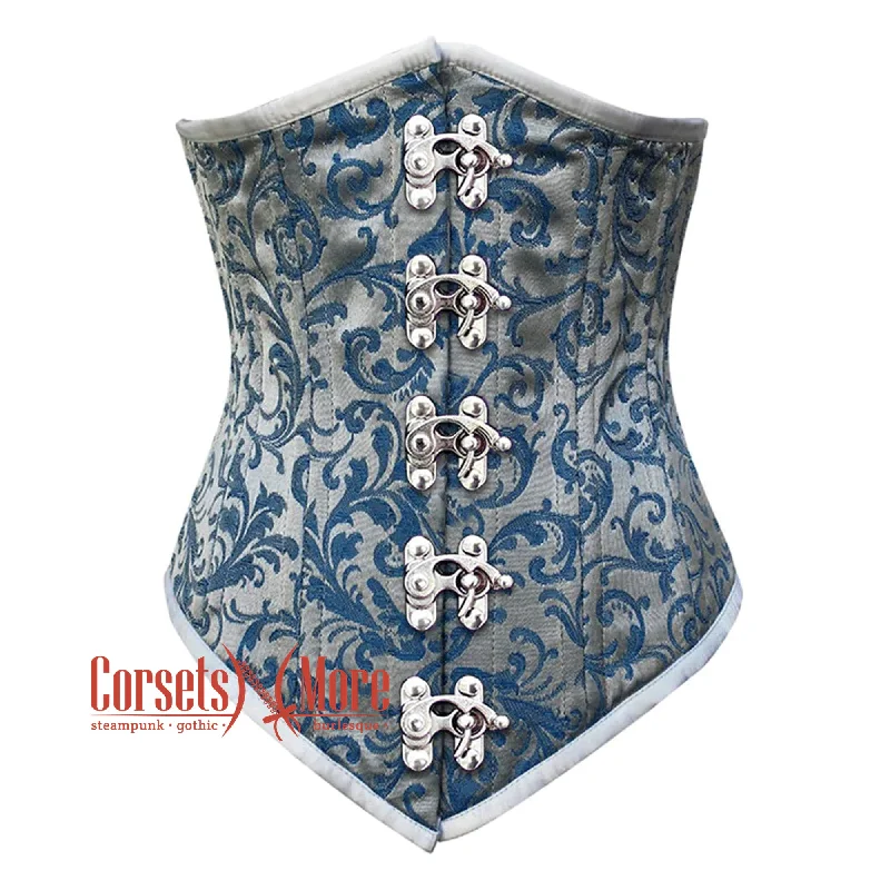 Baby Blue Brocade With Front Silver Clasps Gothic Long Underbust Waist Training Double Bone Corset