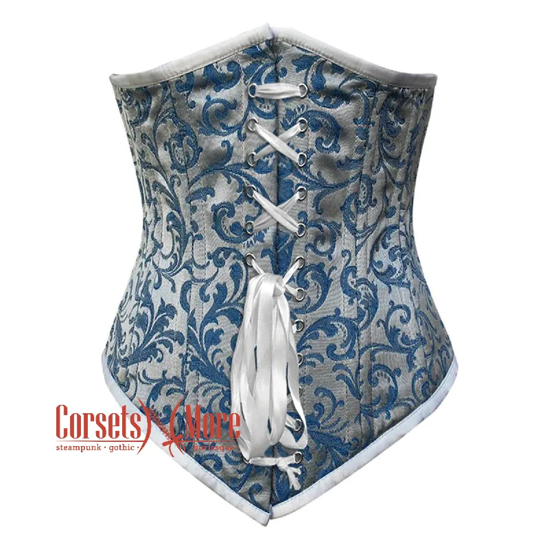 Baby Blue Brocade With White Lace Gothic Long Underbust Waist Training Double Bone Corset