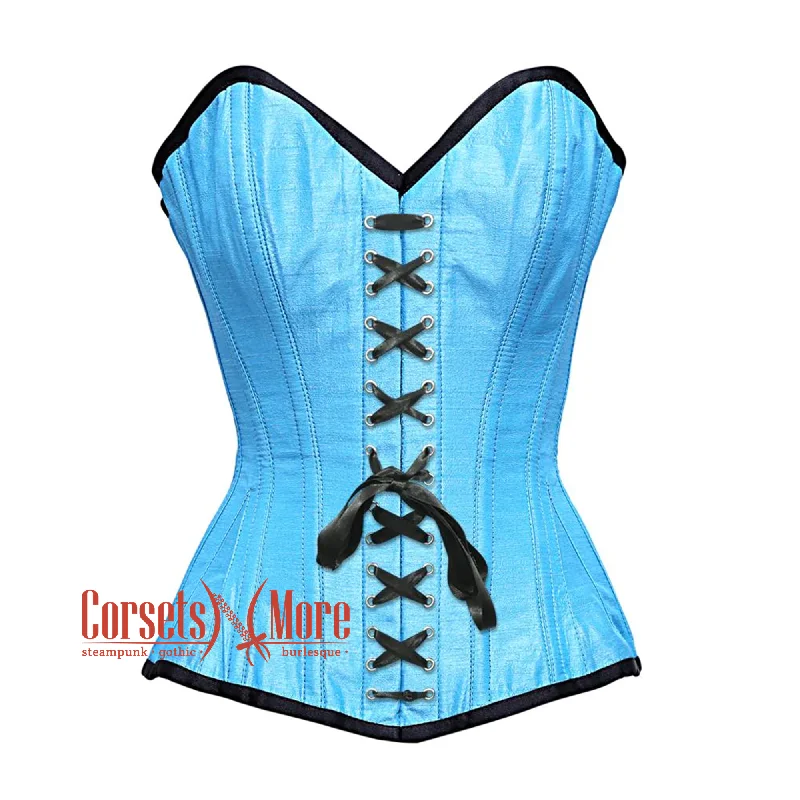 Baby Blue Satin Burlesque Front Lace Waist Training Costume Gothic Corset Overbust Top