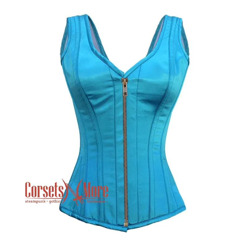 Baby Blue Satin With Antique Zipper Gothic Overbust Burlesque Corset Waist Training Top