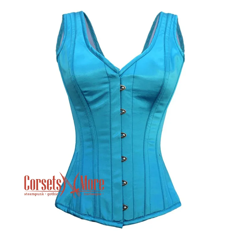 Baby Blue Satin With Front Silver Busk Gothic Overbust Burlesque Corset Waist Training Top