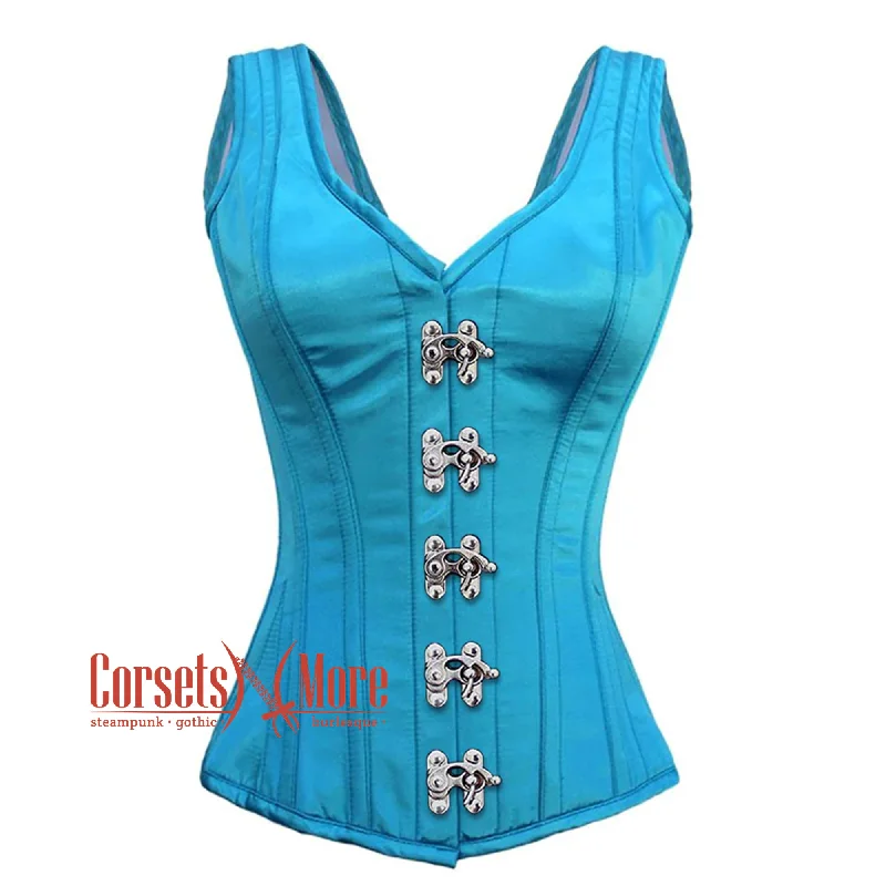 Baby Blue Satin With Front Silver Clasps Gothic Overbust Burlesque Corset Waist Training Top