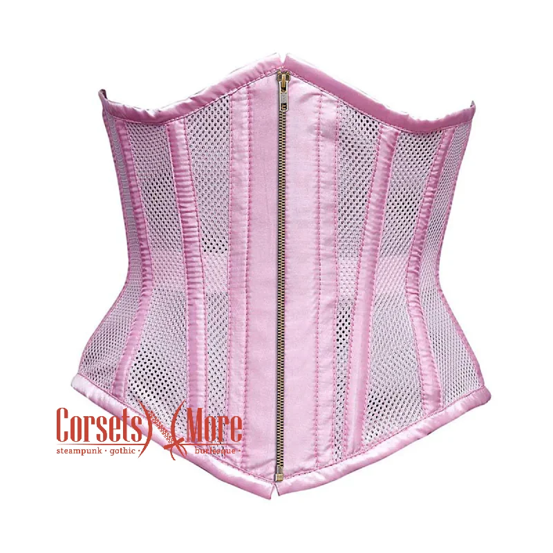 Baby Pink Mesh Satin Stripes Burlesque Gothic Antique Zipper Waist Training Underbust Corset