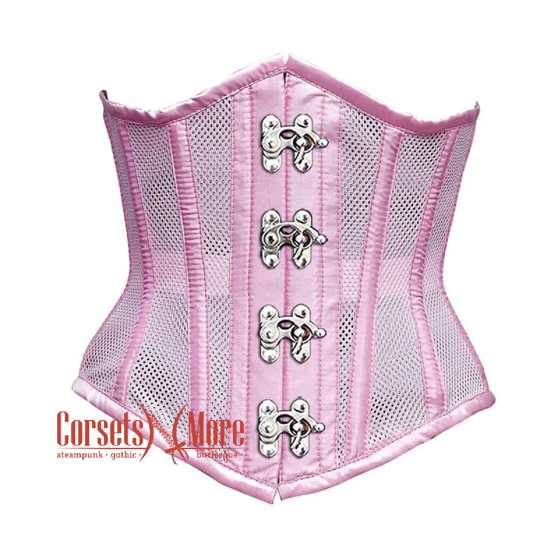 Baby Pink Mesh Satin Stripes Burlesque Gothic Front Clasps Waist Training Underbust Corset