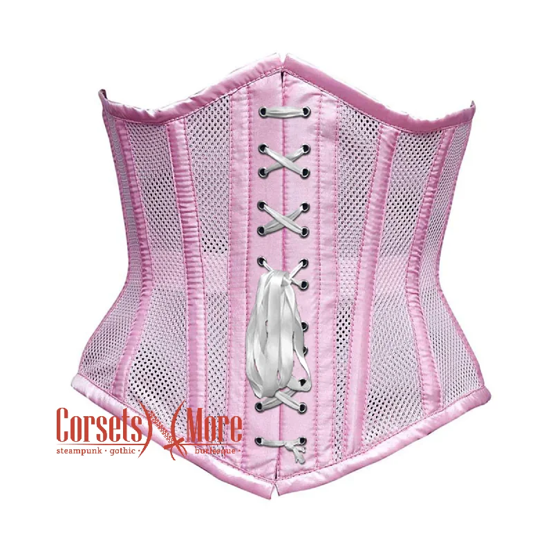 Baby Pink Mesh Satin Stripes Burlesque Gothic Front Lace Waist Training Underbust Corset