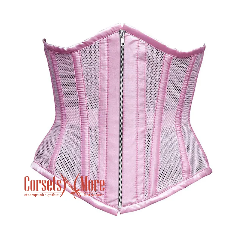 Baby Pink Mesh Satin Stripes Burlesque Gothic Front Zipper Waist Training Underbust Corset