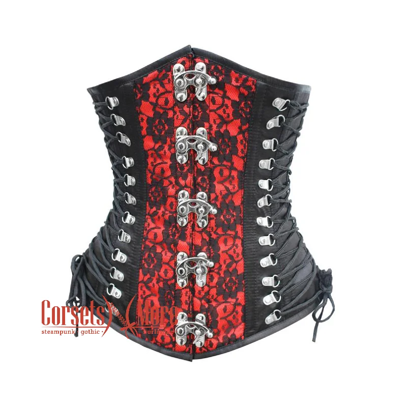 Black And Red Satin Net Overlay Gothic Waist Training Steampunk Underbust Corset