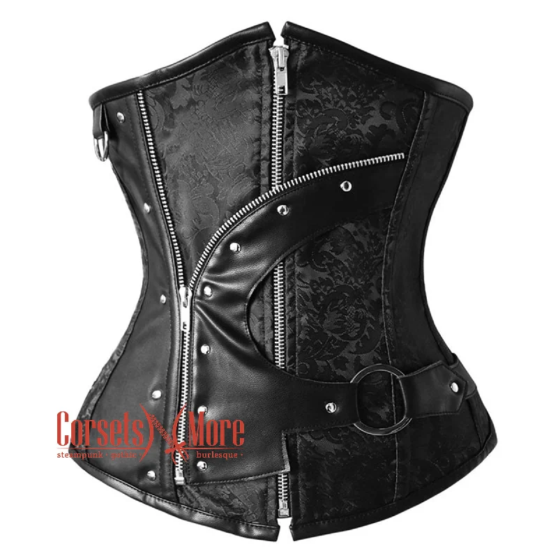 Black Brocade And Black Leather Steampunk Gothic Underbust Waist Training Corset