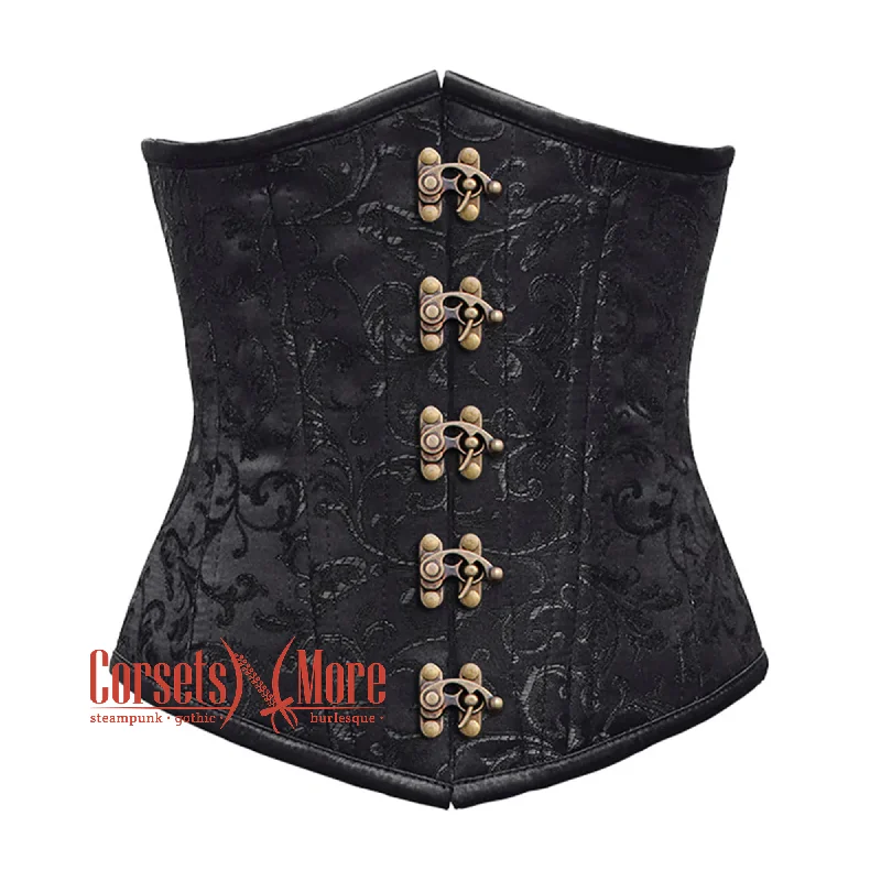 Black Brocade Front Antique Clasps Double Boned Underbust Gothic Corset