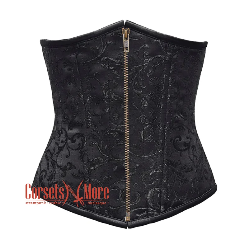 Black Brocade Front Antique Zipper Double Boned Underbust Gothic Corset