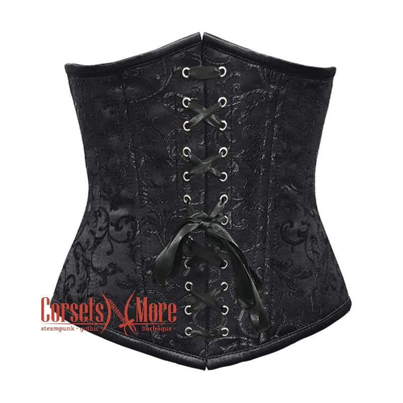 Black Brocade Front Ribbon Double Boned Underbust Gothic Corset