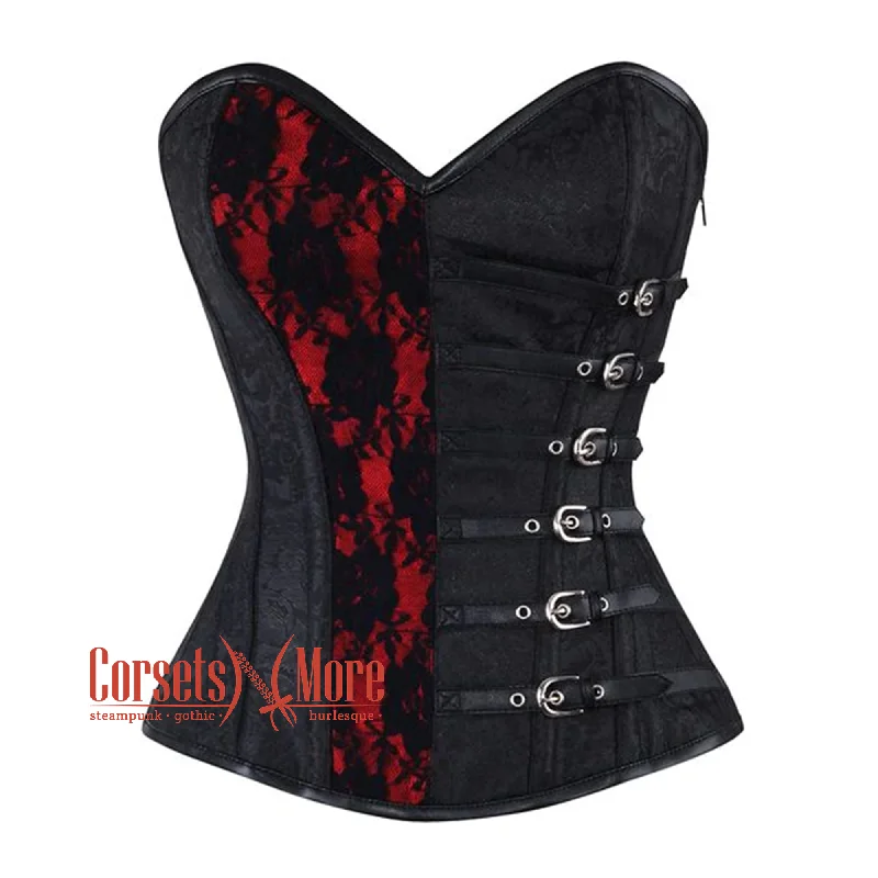 Black Brocade Red Net Design Steampunk Overbust Gothic Waist Training Corset