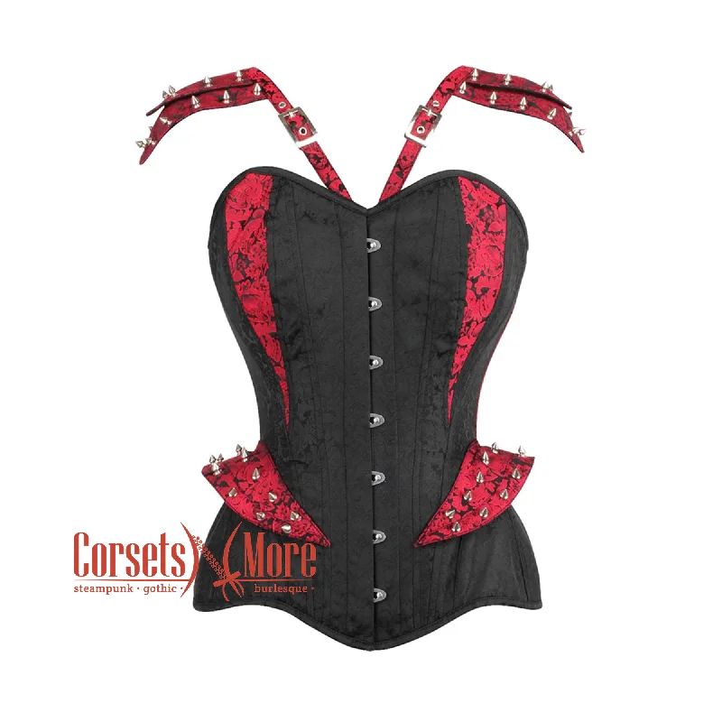 Black Brocade With Red Brocade Stripe On Shoulder Waist Training Steampunk Overbust Corset