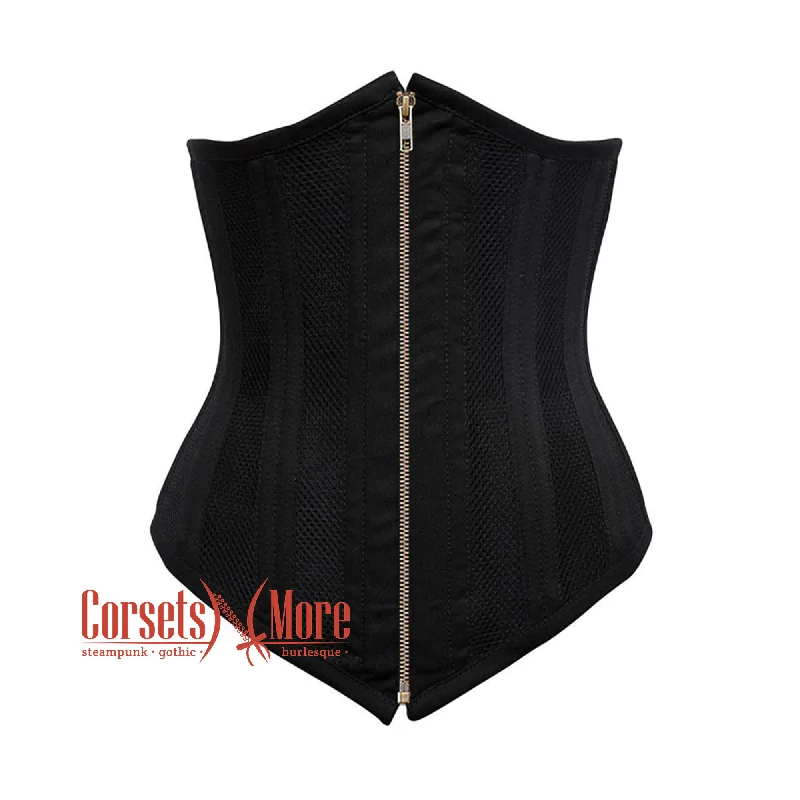 Black Cotton Mesh Double Boned Front Antique Zipper Long Underbust Steampunk Corset