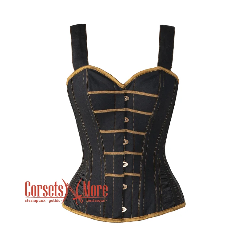 Black Denim With Shoulder Straps Overbust Waist Training Steampunk Corset