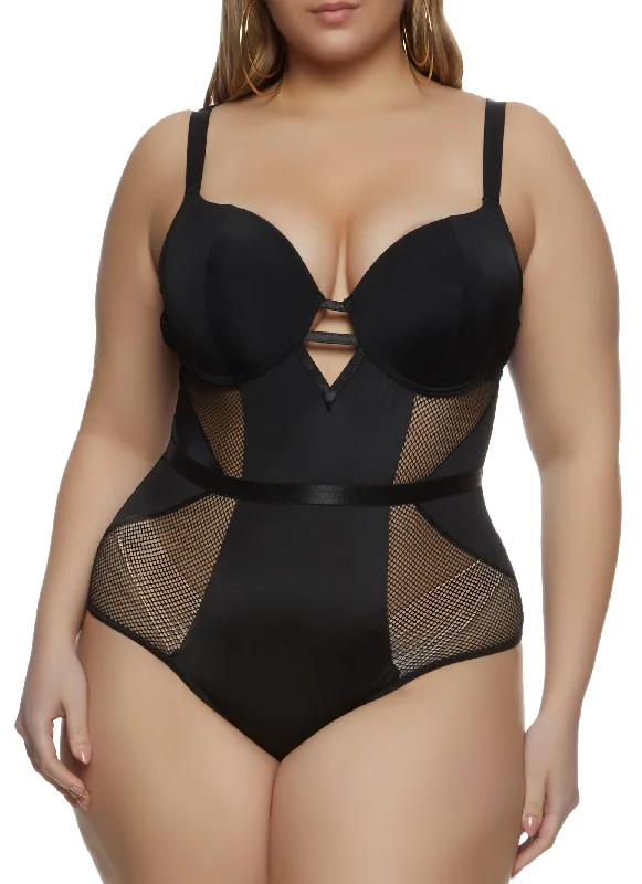 Plus Size Fishnet Insert Caged Detail Bustier Bodysuit