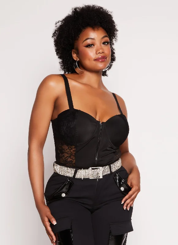 Plus Size Mesh Lace Zip Front Bustier Top