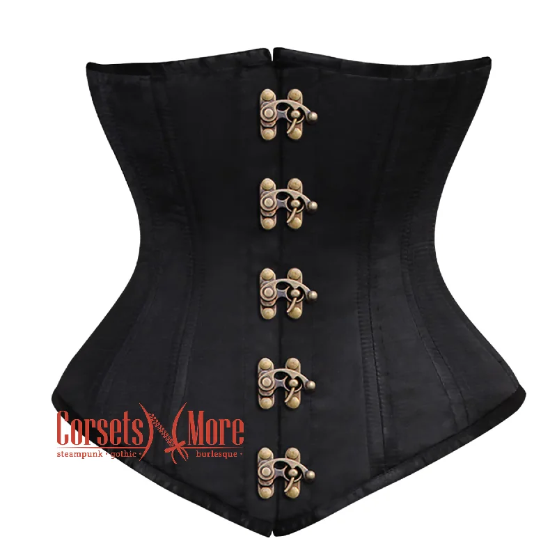 Black Satin Double Boned Front Antique Clasps Longline Underbust Steampunk Corset