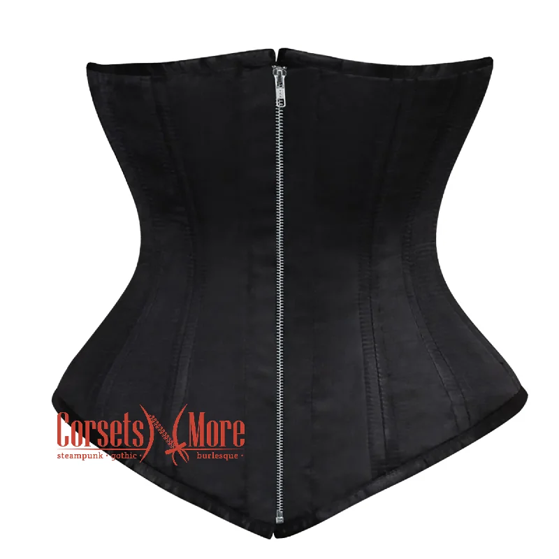 Black Satin Double Boned Front Zipper Longline Underbust Steampunk Corset