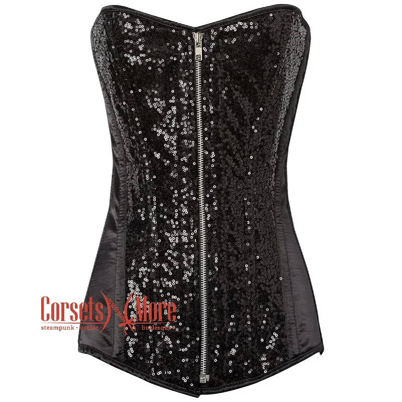 Black Satin Sequins Work Burlesque Long Zipper Overbust Bustier Corset