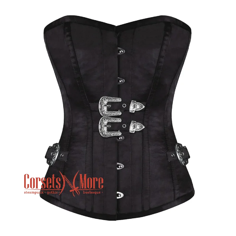 Black Satin Steampunk Overbust Gothic Waist Training Corset