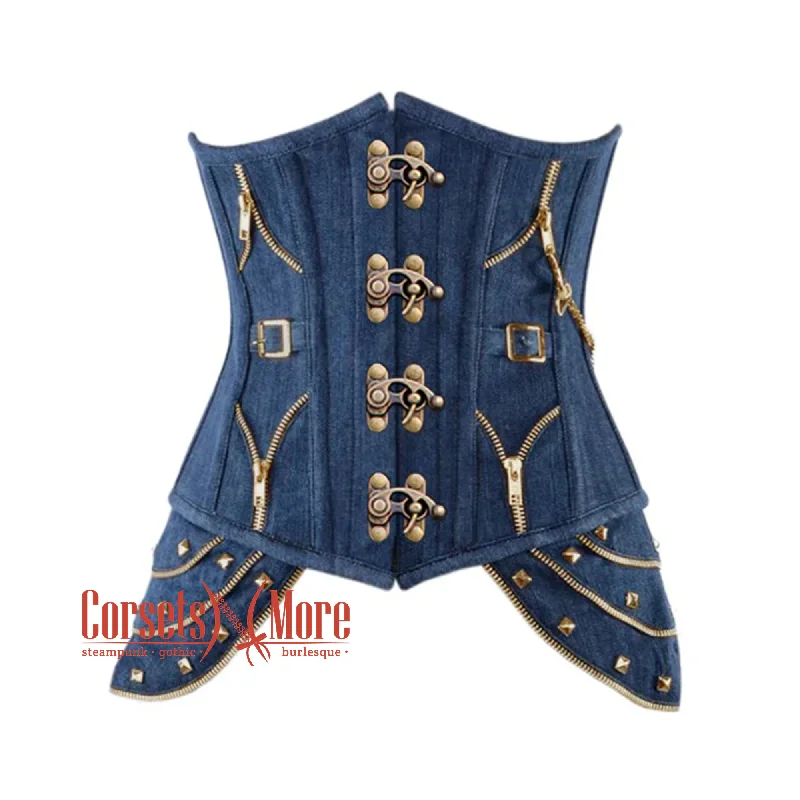 Blue Denim Gothic Heavy Duty Antique Clasps Steampunk Waist Training Underbust Corset