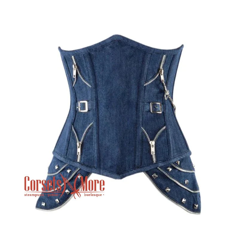 Blue Denim Gothic Heavy Duty Front Closed Steampunk Waist Training Underbust Corset