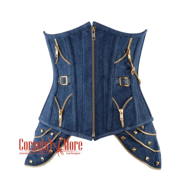 Blue Denim Gothic Heavy Duty Front Zipper Steampunk Waist Training Underbust Corset