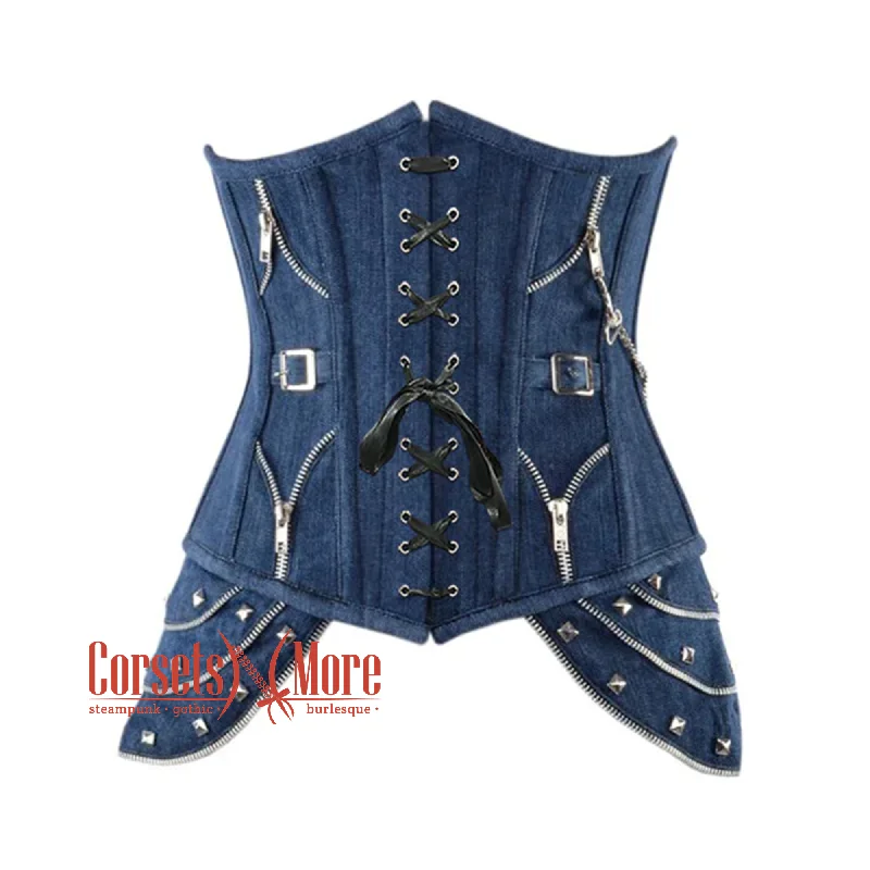 Blue Denim Gothic Heavy Duty Lace Design Steampunk Waist Training Underbust Corset