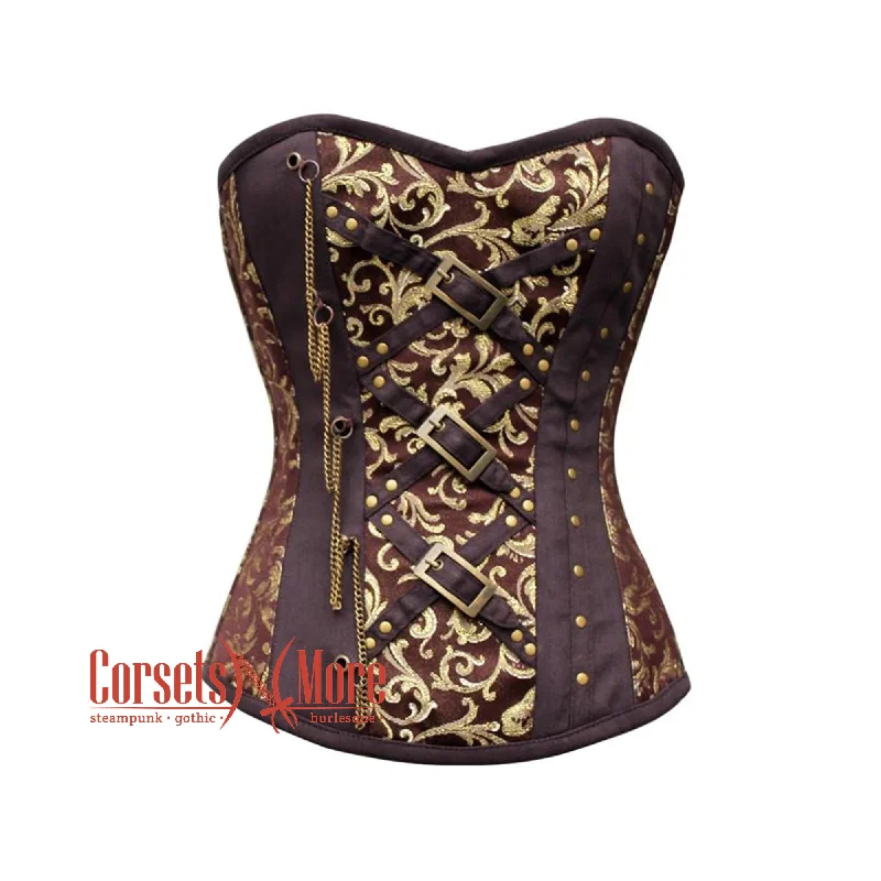 Brown And Golden Brocade Burlesque Gothic Overbust Corset Bustier Top