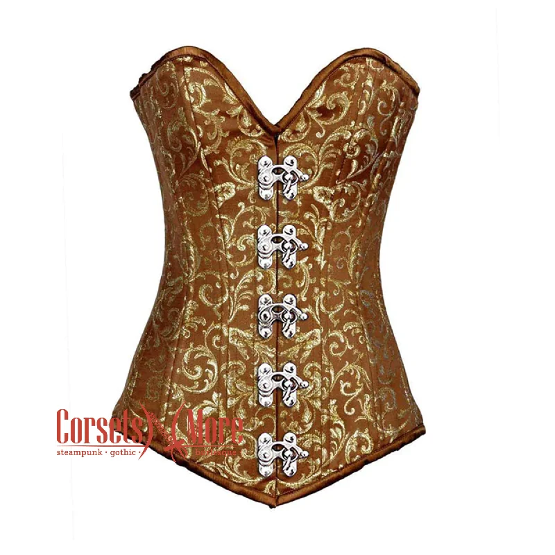 Brown And Golden Brocade Long Front Clasp Burlesque Gothic Overbust Corset