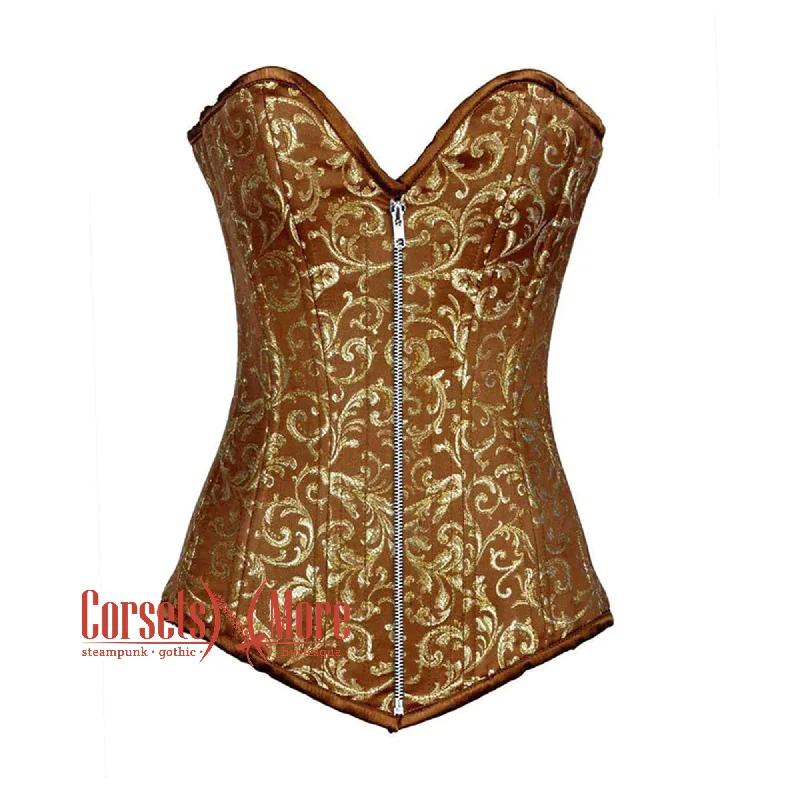 Brown And Golden Brocade Long Front Zipper Burlesque Gothic Overbust Corset