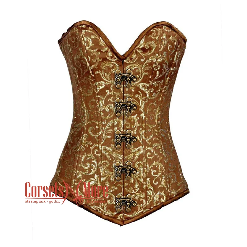 Brown And Golden Brocade Longline Front Clasp Burlesque Gothic Overbust Corset