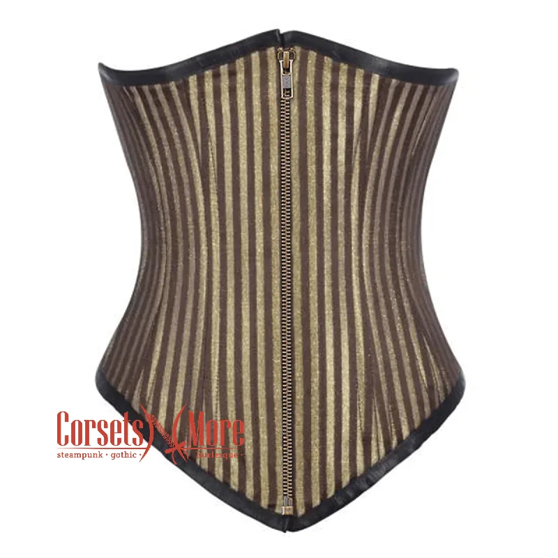 Brown and Golden Brocade With Antique Zipper Gothic Long Underbust Waist Training Corset