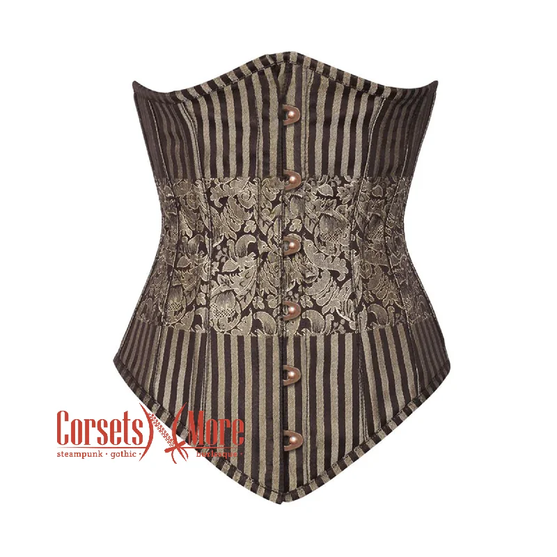 Brown and Golden Brocade With Front Antique Busk Gothic Long Underbust Corset