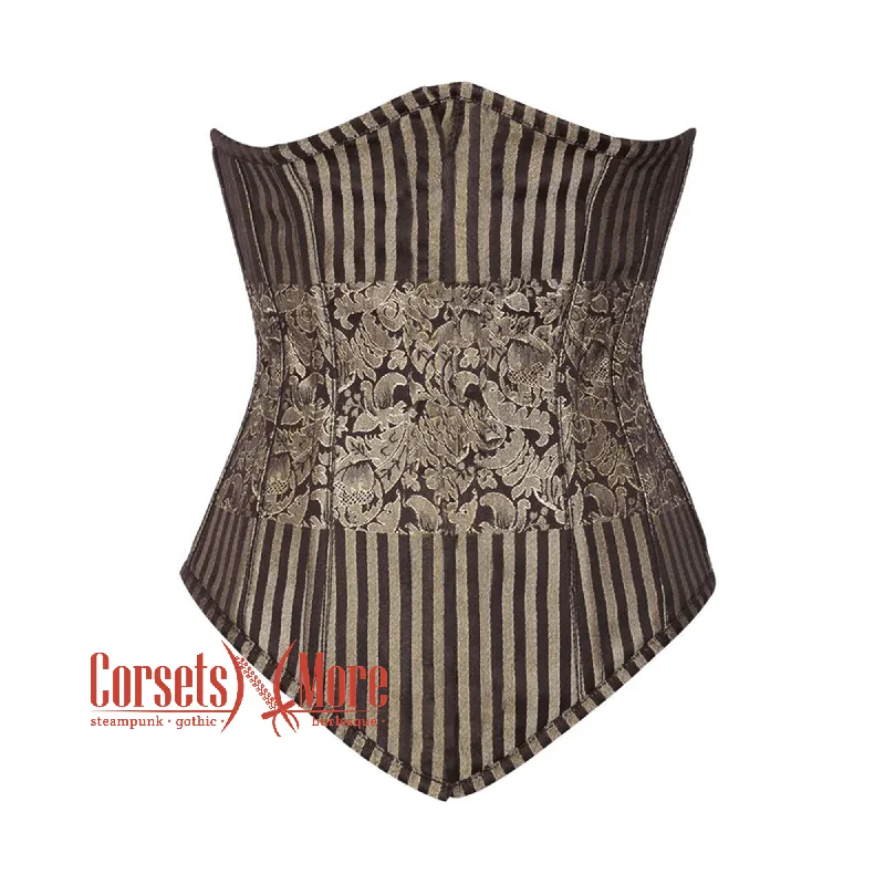 Brown and Golden Brocade With Front Close Gothic Long Underbust Waist Training Bustier Corset