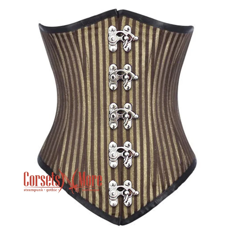 Brown and Golden Brocade With Front Silver Clasps Gothic Long Underbust Waist Training Corset