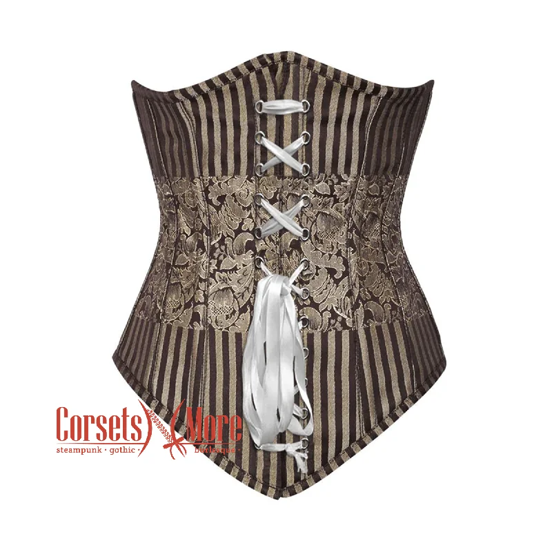 Brown and Golden Brocade With White Lace Gothic Long Underbust Corset