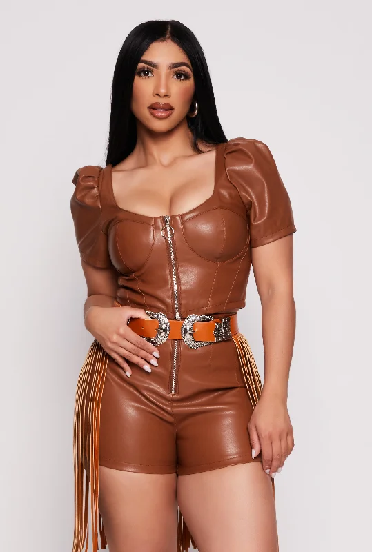 Faux Leather Zip Front Puff Sleeve Corset Top