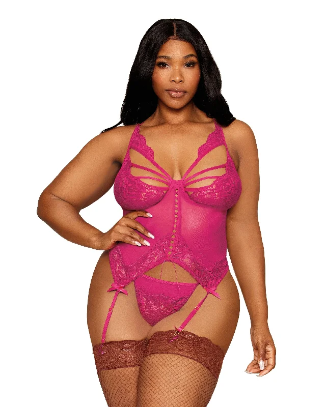 Dreamgirl Plus Size Floral Lace and Mesh Bustier and G-string Set