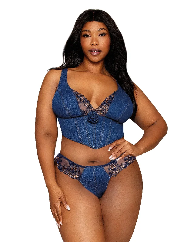 Dreamgirl Plus Size Stretch Denim Cropped Bustier and Matching G-string Set with Embroidery Lace Details