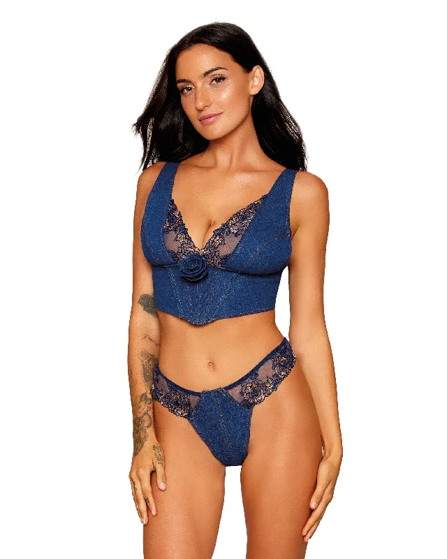 Dreamgirl Stretch Denim Cropped Bustier and Matching G-string Set with Embroidery Lace Details