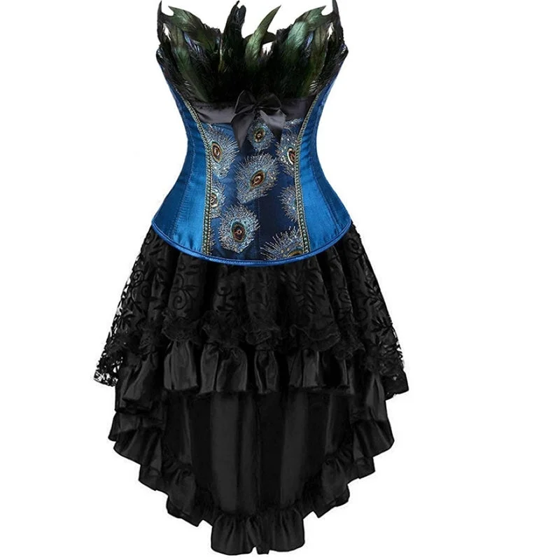 Fantasy Gothic Peacock Corset Dress, Gothic Floral Lace Elf Dress, Steampunk Cosplay Vintage Corset Dress,