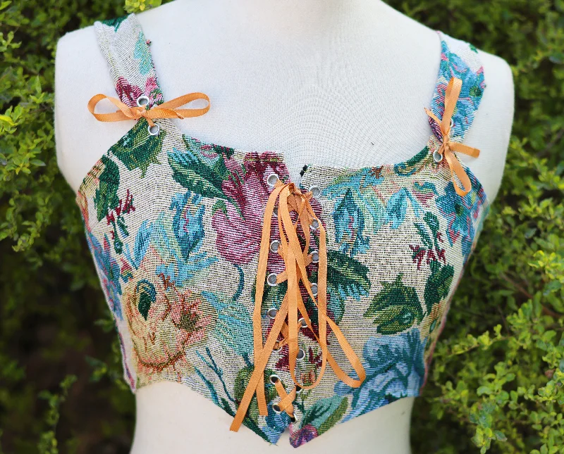 Floral Bustier Crop Corset Top, Milkmaid Renaissance Lace up Corset for Womens