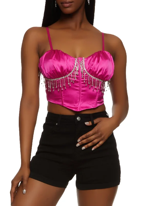 Satin Rhinestone Fringe Bustier Top