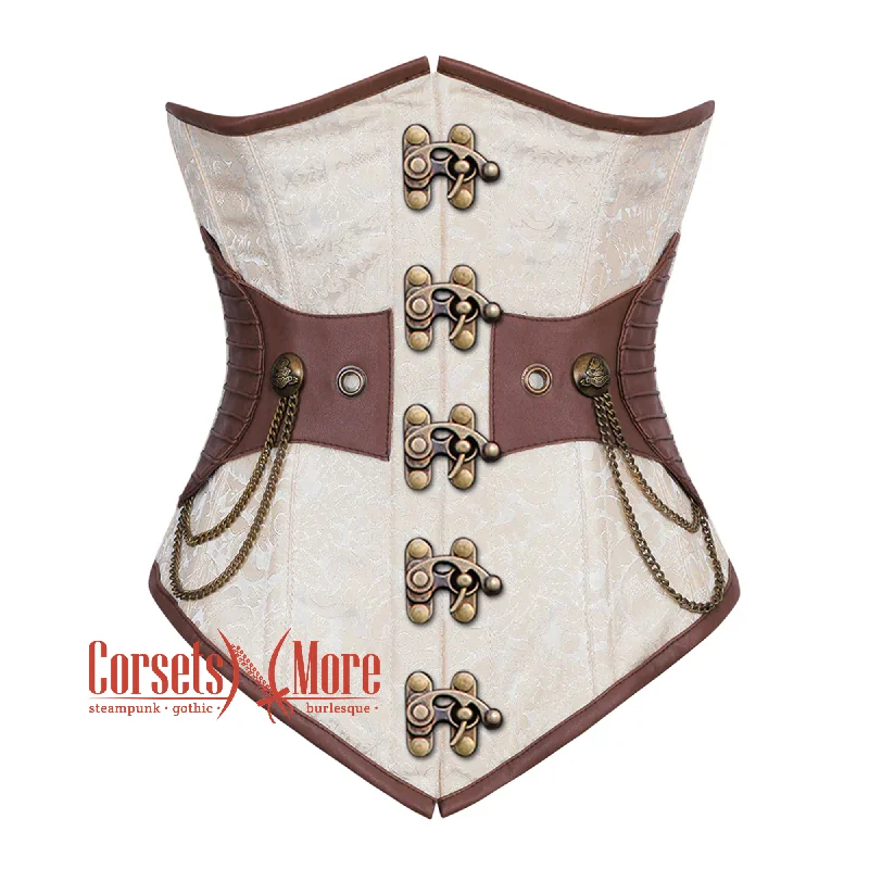 Ivory And White Brocade Brown Leather Antique Clasps Steampunk Underbust Corset