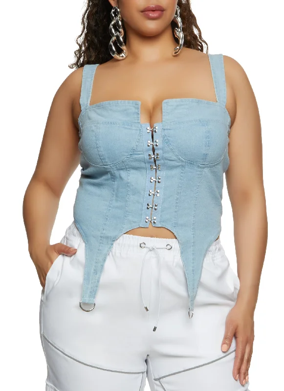 Plus Size Denim Hook and Eye Front Bustier Top